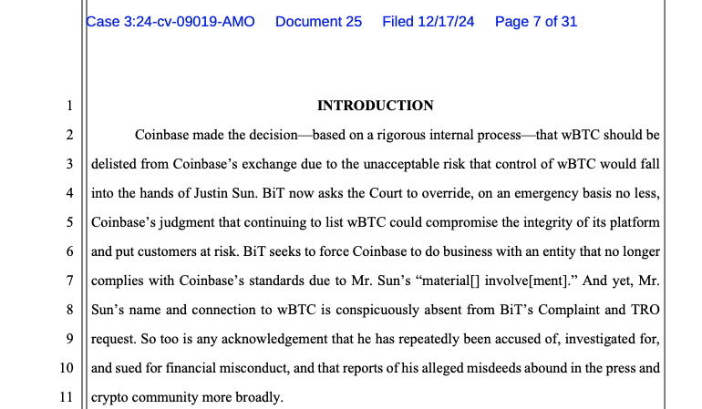 Coinbase، Law، Court، Justin Sun، Wrapped BTC