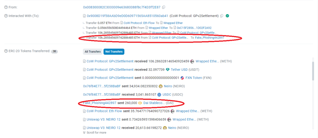 معاملات غسيل الأموال التي تتم بواسطة Whale Phisher على Etherscan